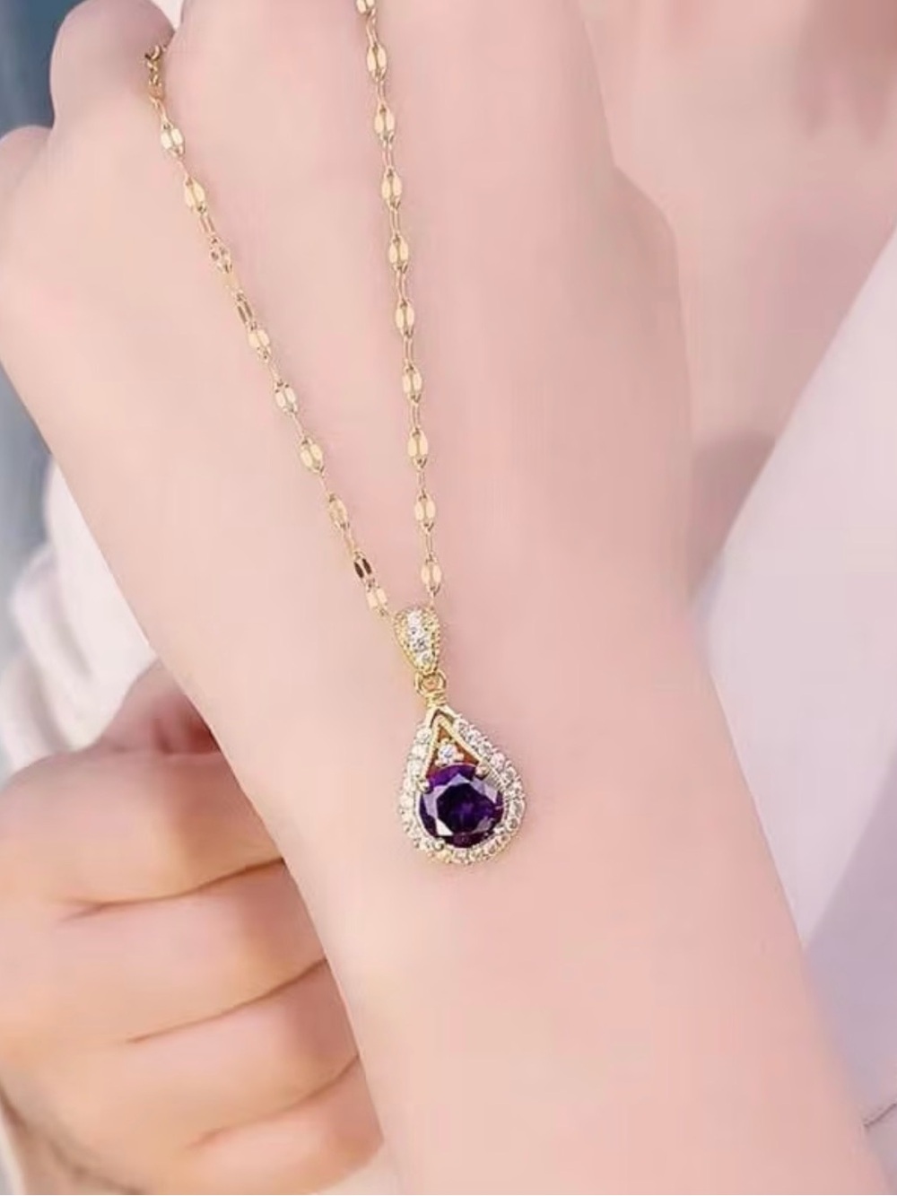 Gold Teardrop Necklace with Purple Mojssanite Gemstone Pendant